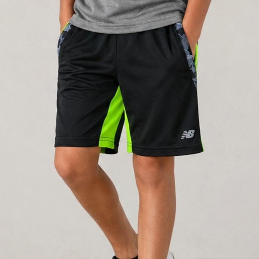 New Balance Boys Athletic Shorts XXS 5 Black Neon Green Camo Sport Activewear